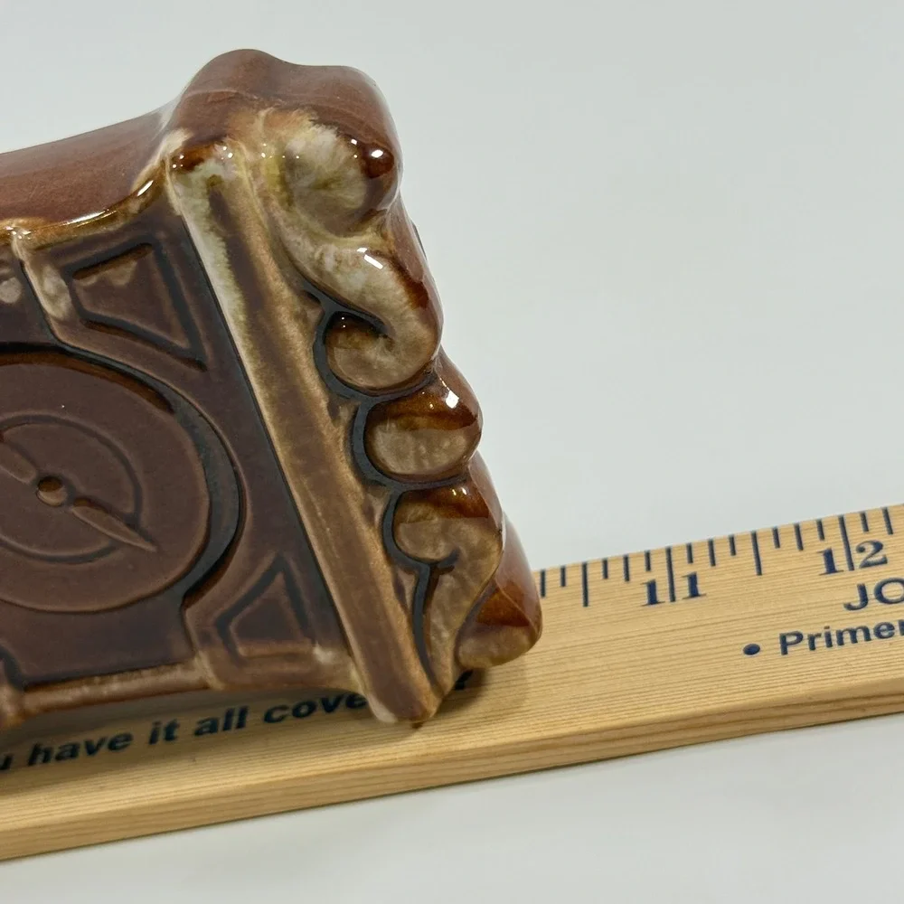 VTG Grandfather Clock Thermometer Ceramic‎ Brown Drip Glaze Japan MCM Home Decor